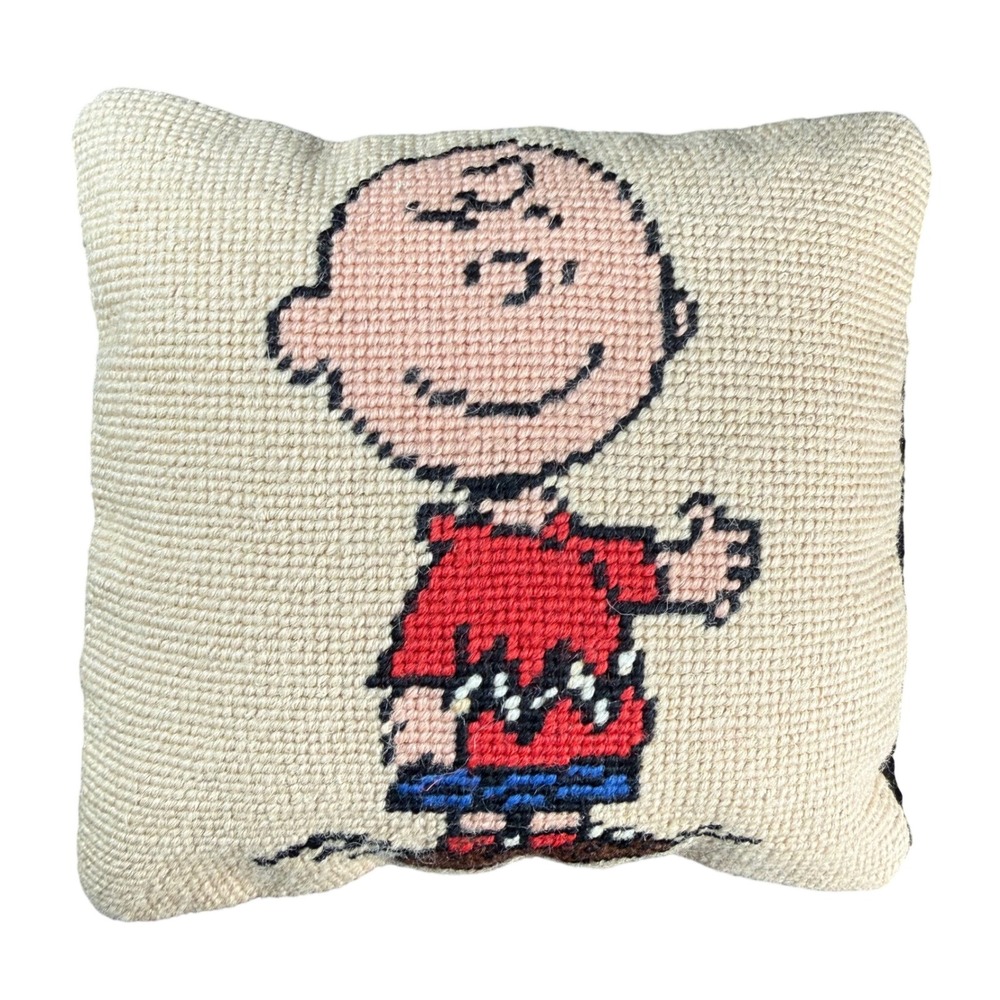 Peanuts Charlie Brown Needlepoint Pillow Tan Black Velvet 8" Handcrafted Decor